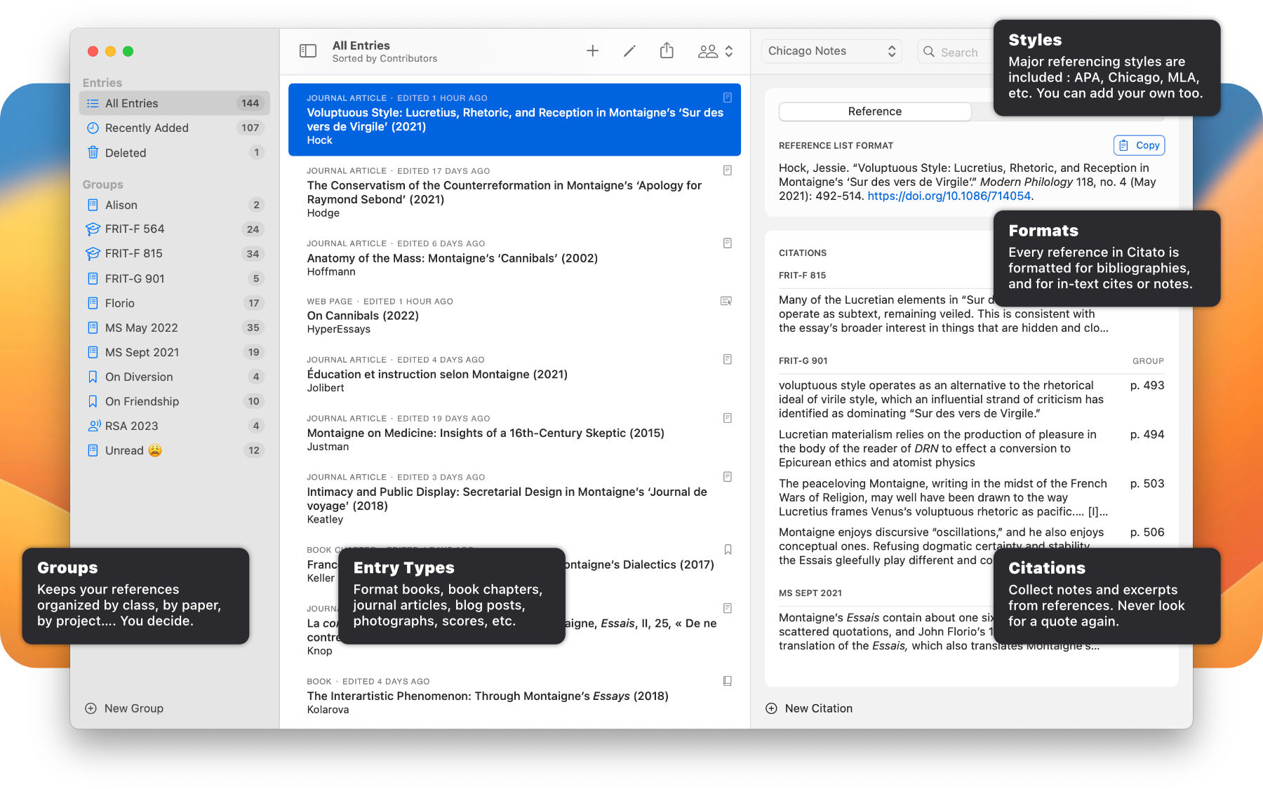 Screenshot of Citato’s main window showing a sidebar on the left, with several user-defined reference entry groups, a list of books and journal articles in the center, and, on the right, a formatted entry along with a list of citations with their page number.